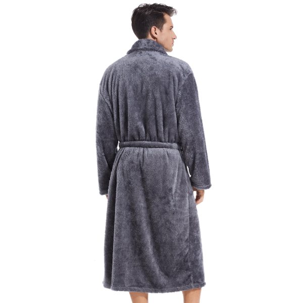 Mens Plush Fleece Robe, Cozy Warm Bathrobe Fuzzy Male Spa Long Robe With Pockets (DARK GREY)