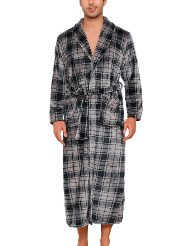 Mens Plush Fleece Robe Cozy Warm Bathrobe with Pockets