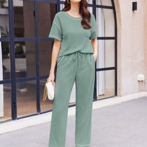 Women Waffle Knit Lounge Sets Short Sleeve Top and Long Pant Pajama Set Loungewear 2 Piece Pjs Set with Pockets