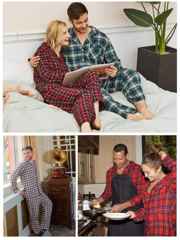 Mens Pajama Sets, 100% Cotton Flannel Sleepwear Soft Plaid PJ Set Loungewear