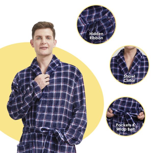Men's Fleece Plush Bathrobe Full Length Big and Tall Shawl Collar Plaid Men Robe