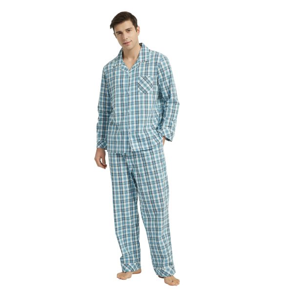 Mens Cotton Pajama Set, Button Down Woven Pajama Set for Men Plaid Men's Sleepwear