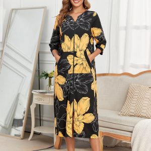 Zipper Robes For Women Cotton Housecoat 3/4 Sleeves Long Nightgowns And Bathrobe With Pockets Plus Size S-3XL