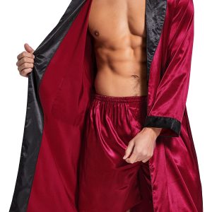 Mens Satin Robe Lightweight Silk Long Sleeve Bathrobe with Shorts Set Spa Kimono Sleepwear