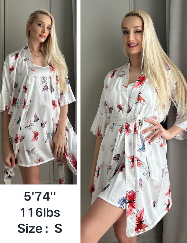 Women's Silk Robe Set V-neck 2 Piece Bridal Party Robes and Satin Bathrobe Set with Pockets