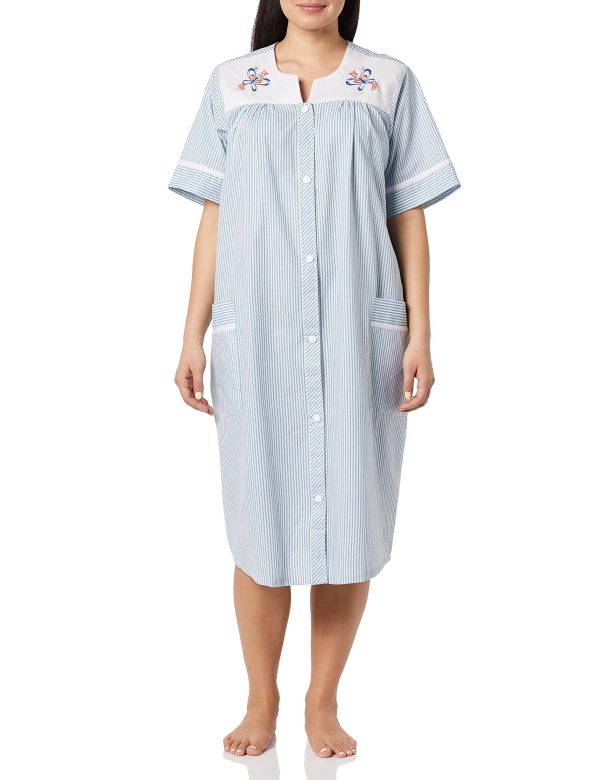 Women Calf-Length Snap Front Knit Duster House Coat Robe ??Loose-Fitting Plush Bathrobe - Short Sleeve Bath Robe