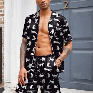 Mens Satin Pajamas Set Button-Down Short Sleeve Shirt Top Soft Silk Sleepwear Loose Pocket Pant Loungewear
