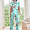 Silk Satin Pajamas Set Women Short Sleeve Sleepwear Soft Button Down Loungewear Pjs Set