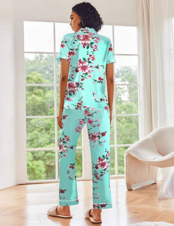 Silk Satin Pajamas Set Women Short Sleeve Sleepwear Soft Button Down Loungewear Pjs Set