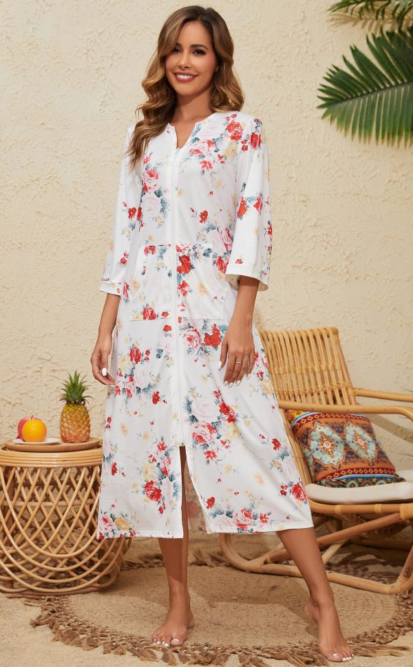 Zipper Robes for Women 3/4 Sleeve Housecoats Long Lightweight Bathrobe House Dress with Pockets