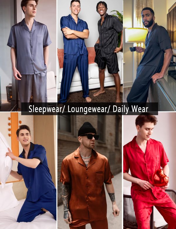 Men Satin Silk Pajamas Set 2 Piece Button Down Sleepwear Long Pants Loungewear with Pockets