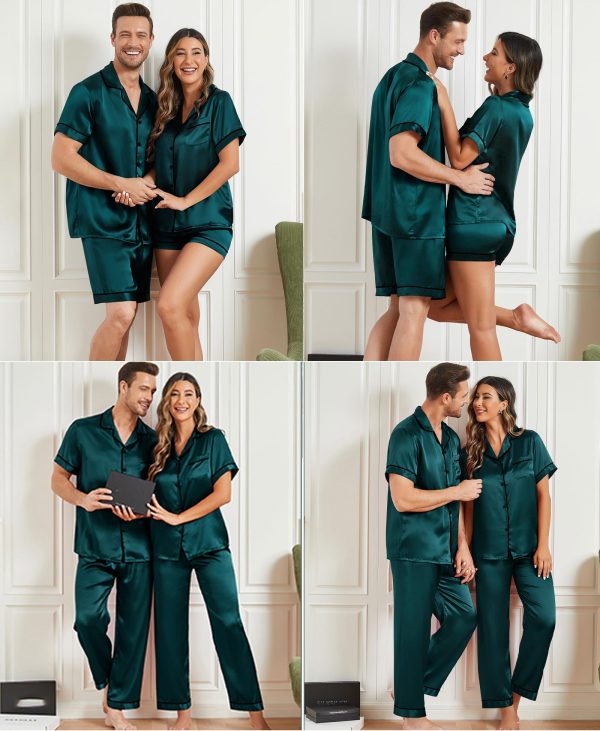 Mens 3pcs Pajamas Set Silk Satin Short Sleeve Sleepwear Button Down Pjs Classic Loungewear Nightwear