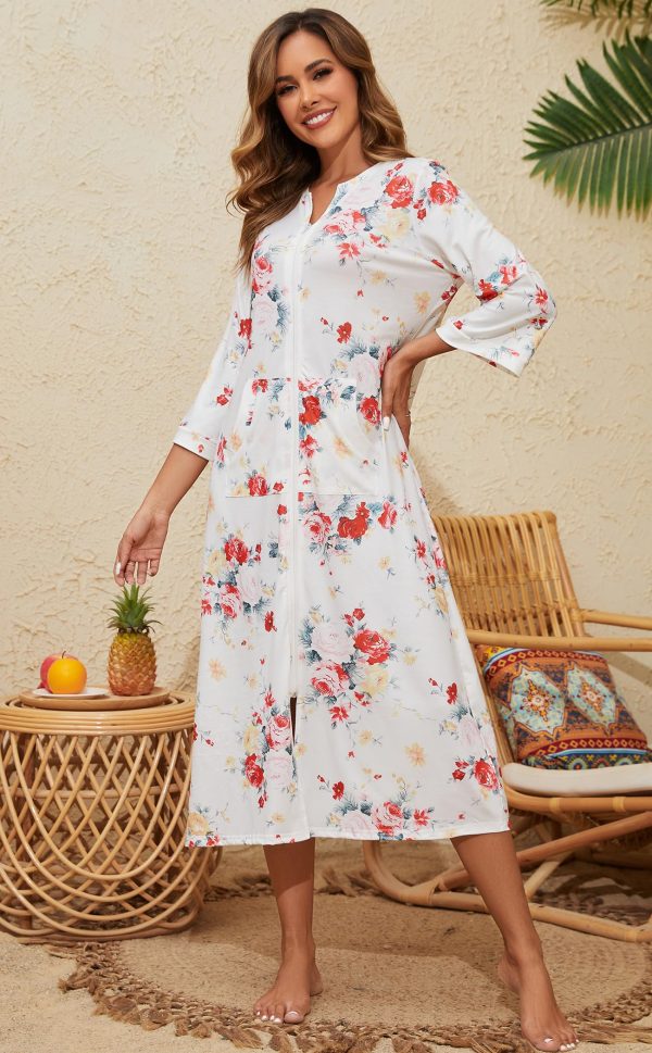 Zipper Robes for Women 3/4 Sleeve Housecoats Long Lightweight Bathrobe House Dress with Pockets