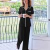 Women Pajamas Button Down Notch Collar Soft Short Sleeve Pjs with Long Pant Lounge Set