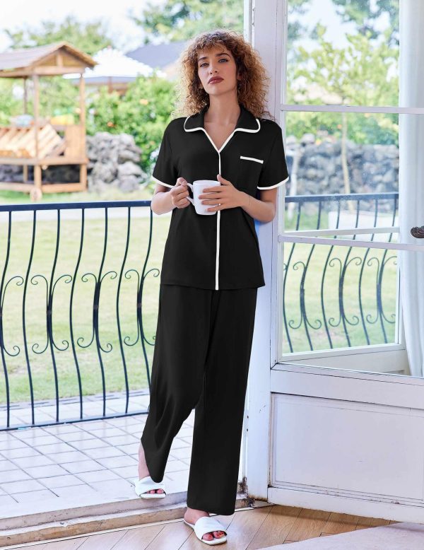 Women Pajamas Button Down Notch Collar Soft Short Sleeve Pjs with Long Pant Lounge Set