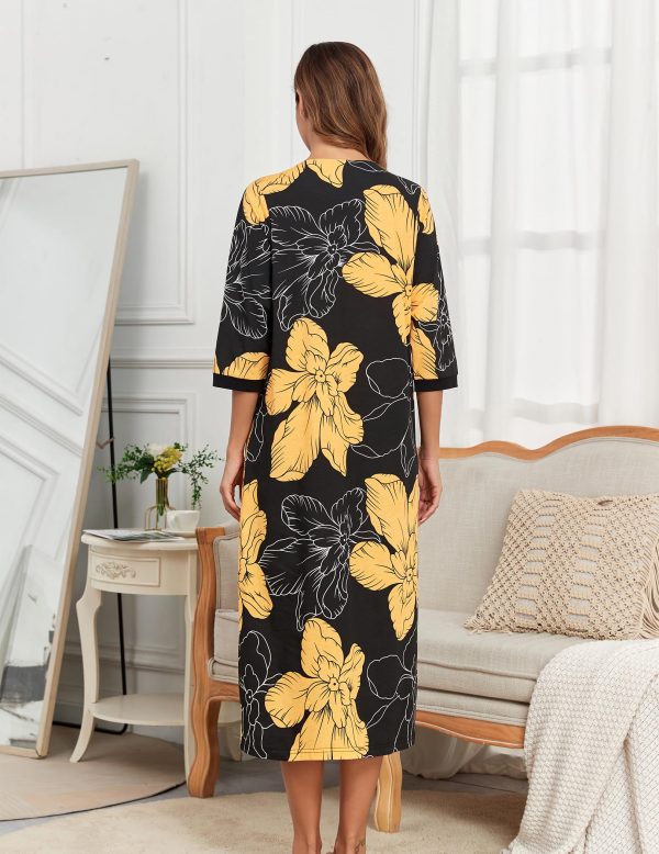 Zipper Robes For Women Cotton Housecoat 3/4 Sleeves Long Nightgowns And Bathrobe With Pockets Plus Size S-3XL