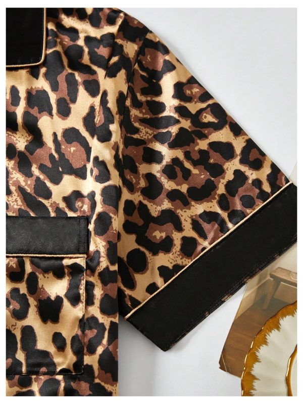 Men's 2 Piece Leopard Print Satin Pajama Set Button Down Short Sleeve Shorts Loungewear Sets