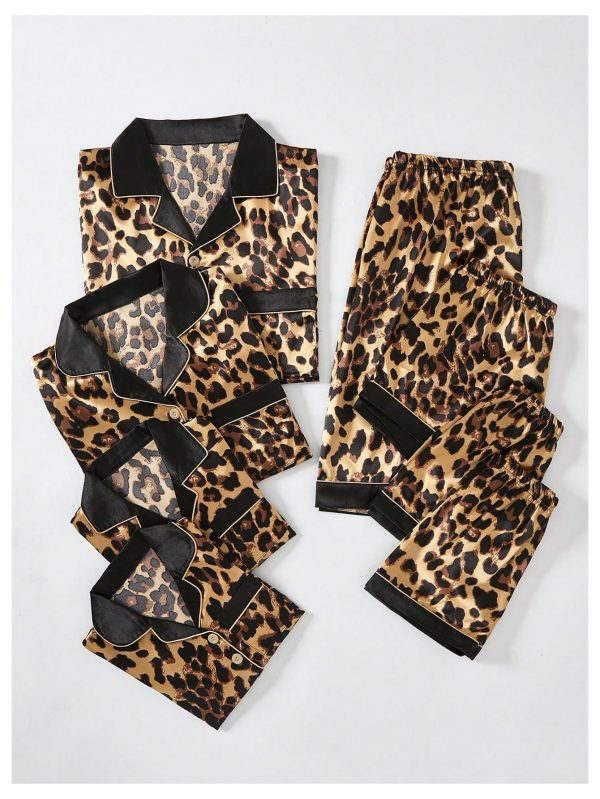 Men's 2 Piece Leopard Print Satin Pajama Set Button Down Short Sleeve Shorts Loungewear Sets
