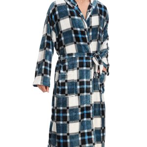Mens Hooded Robe Plush Flannel Fleece Full Length Bathrobe Warm House Coat Long Lounge Robe with Hood Pockets