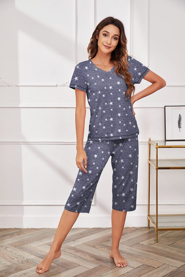 Women's Sleepwear Capri Pajama Sets Short Sleeve Two-Piece Pjs V Neck Tops & Capri Pants with Pockets S-3XL