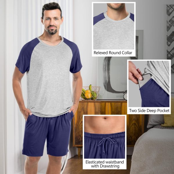 2 Sets Men's Pajamas Short Sleeve Pyjama Modal Sleepwear Shorts with Pockets Nightwear Soft Comfy Pjs Set