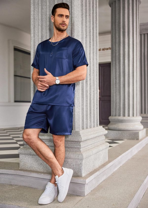 Men Silk Pajamas Set 2 Piece Pjs Soft Satin Sleepwear Shorts Button Down Tops Loungewear with Pockets