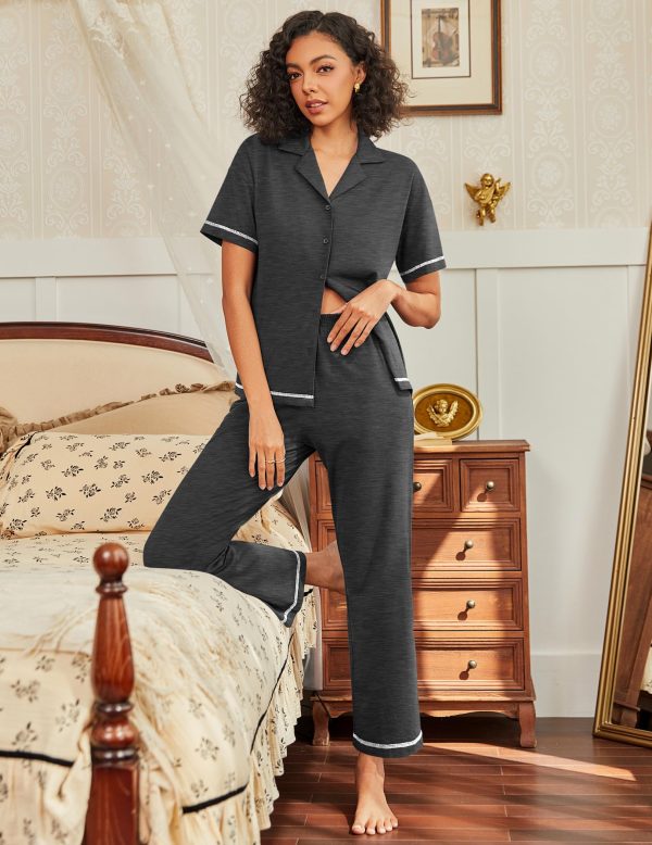 Cotton Pajamas Sets for Women 2 Piece Button Down Short Sleeve Pj Set with Long Pants Lounge Set Soft Sleepwear S-XXL