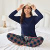 Womens 2 Piece Pajama Set Long Sleeve PJs with Plaid Pants Drawstring Elastic Waist Sleepwear Lounge Set