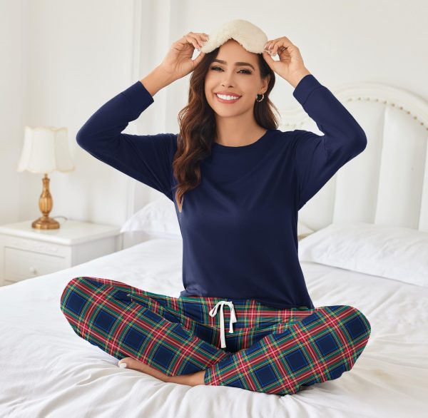 Womens 2 Piece Pajama Set Long Sleeve PJs with Plaid Pants Drawstring Elastic Waist Sleepwear Lounge Set