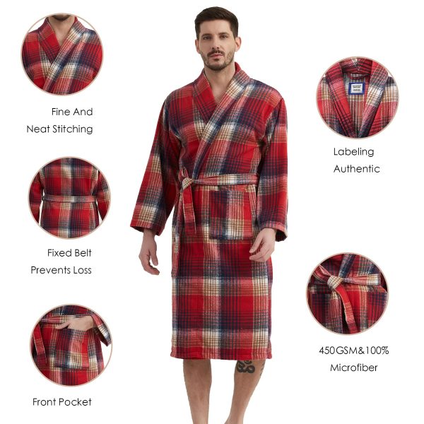 Mens Robe -Soft Microfiber Flannel Bathrobe for Unisex??Scottish Plaid Robe with Shawl Collar Lightweight Robe for Men