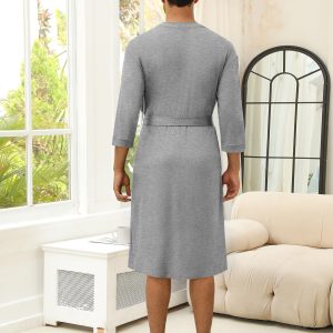 Men's Lightweight Kimono Spa Robe Knit Bathrobe Soft Sleepwear 3/4 Sleeve Loungewear with Pockets S-XXL