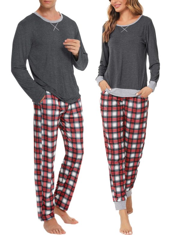 Men & Women Pajama Sets for Couples Long Sleeve Sleepwear Plaid Pants Loungewear Set with Pockets