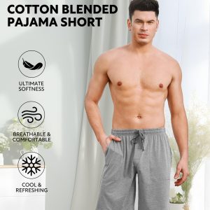 Mens Pajama Shorts Soft Cotton Heather Sleep Shorts Comfy Breathable Lounge Pants With Fly 2 Pack