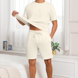 Mens Pajamas Set Summer Pjs Sets Lightweight Short Sleeve Pajama Shorts Set Soft Sleepwear Loungewear with Pockets