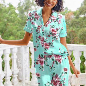 Silk Satin Pajamas Set Women Short Sleeve Sleepwear Soft Button Down Loungewear Pjs Set