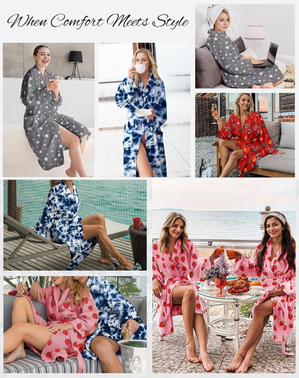 Women's Fleece Bath Robe Full Length Plush Soft Bathrobe Warm Lounge Sleepwear Robe with Pockets Gift for Mom Wife Dad Friend