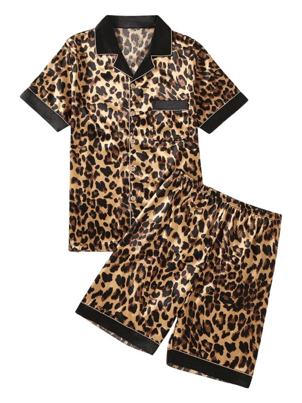 Men's 2 Piece Leopard Print Satin Pajama Set Button Down Short Sleeve Shorts Loungewear Sets