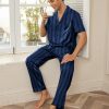 Men Satin Silk Pajamas Set 2 Piece Button Down Sleepwear Long Pants Loungewear with Pockets
