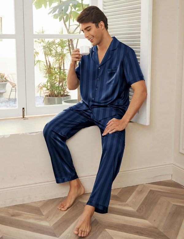 Men Satin Silk Pajamas Set 2 Piece Button Down Sleepwear Long Pants Loungewear with Pockets