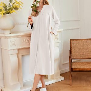 Zipper Robes for Women Long Knit Bathrobes Lightweight Full Length Housecoat with Pockets Nightgown S-3XL