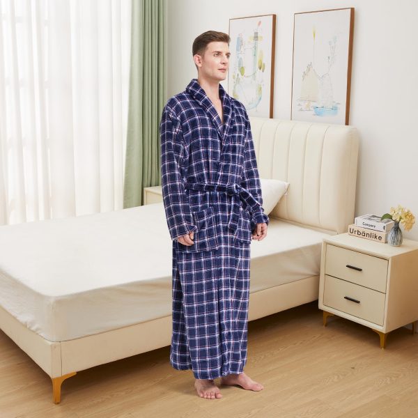 Men's Fleece Plush Bathrobe Full Length Big and Tall Shawl Collar Plaid Men Robe