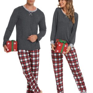 Men & Women Pajama Sets for Couples Long Sleeve Sleepwear Plaid Pants Loungewear Set with Pockets