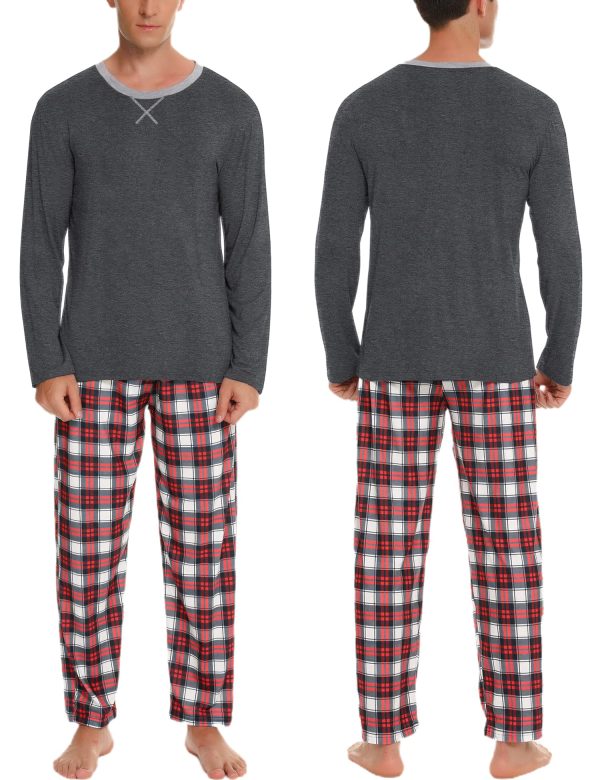 Men & Women Pajama Sets for Couples Long Sleeve Sleepwear Plaid Pants Loungewear Set with Pockets