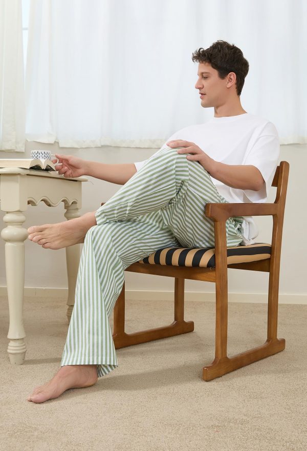 Mens 100% Cotton Pajama Pants, Soft Lightweight Striped Lounge Pj Bottoms for Men with Pockets
