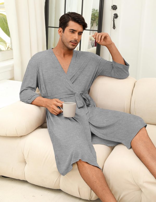Men's Lightweight Kimono Spa Robe Knit Bathrobe Soft Sleepwear 3/4 Sleeve Loungewear with Pockets S-XXL