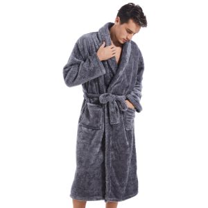 Mens Plush Fleece Robe, Cozy Warm Bathrobe Fuzzy Male Spa Long Robe With Pockets (DARK GREY)