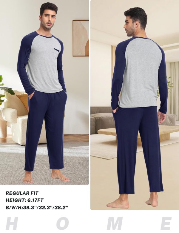 Mens Pajama Set Long Sleeve V Neck 2 Piece Nightwear Loungewear Sleepwear Modal Pants With Pockets Pj's Sleep for Men