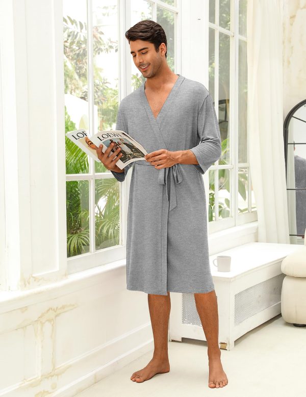 Men's Lightweight Kimono Spa Robe Knit Bathrobe Soft Sleepwear 3/4 Sleeve Loungewear with Pockets S-XXL