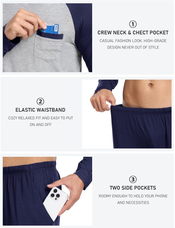 Mens Pajama Set Long Sleeve V Neck 2 Piece Nightwear Loungewear Sleepwear Modal Pants With Pockets Pj's Sleep for Men