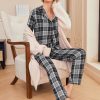 Pajamas for Women 2 Piece Lounge Set Long Sleeve Plaid Sleepwear Casual 2 Piece Pjs S-XXL